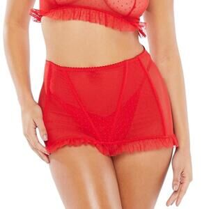 SAVAGE X FENTY Red CANDY HEARTS DOTTED MESH OPEN-BACK SKIRT. Ruffle trim